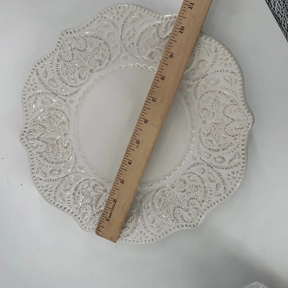 Pier 1 Chateau Clair Scalloped White Dinner Plate Embossed Stoneware 10.75 3avai